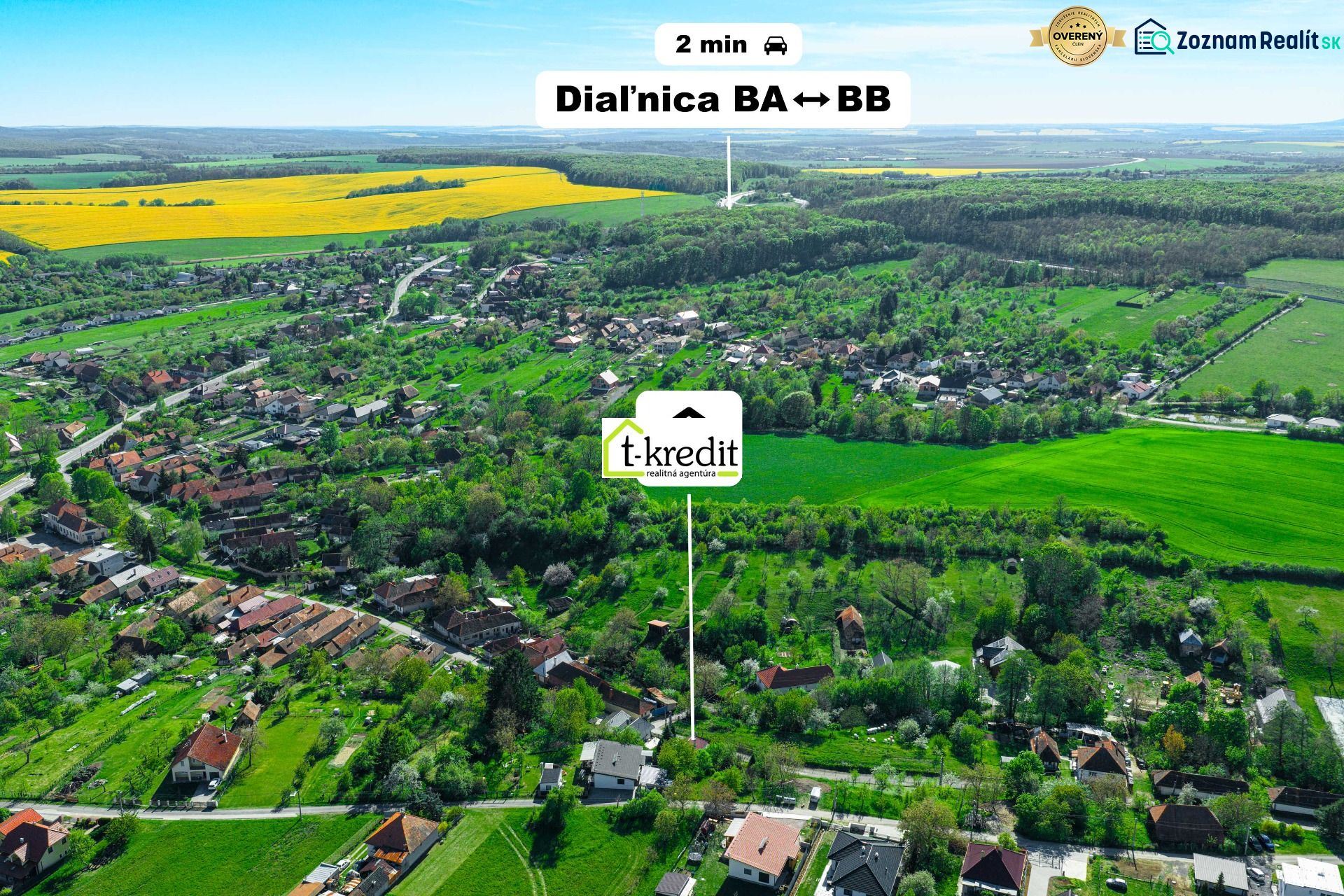 Aerial view of family houses in Čaradice surrounded by green areas and nature.
