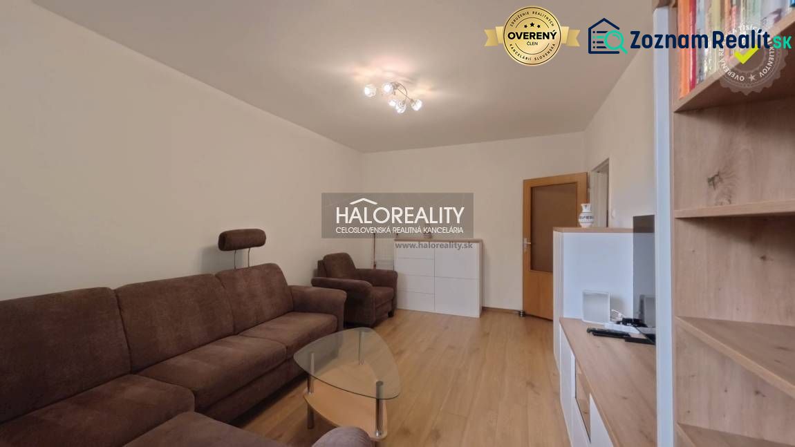 Living room of a two-room apartment with a brown sofa and a wooden decor floor.