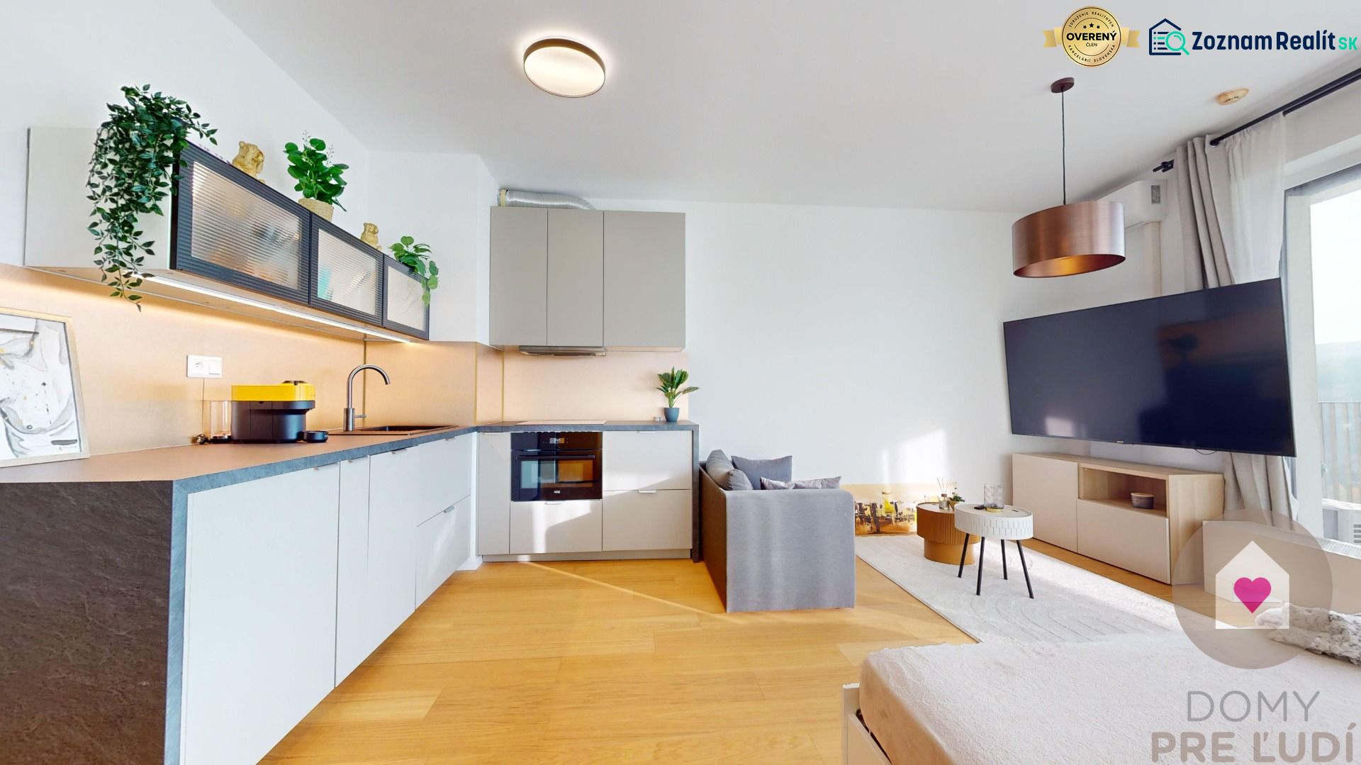 A kitchen in a studio apartment with a wood-patterned floor, plants, and a large screen.