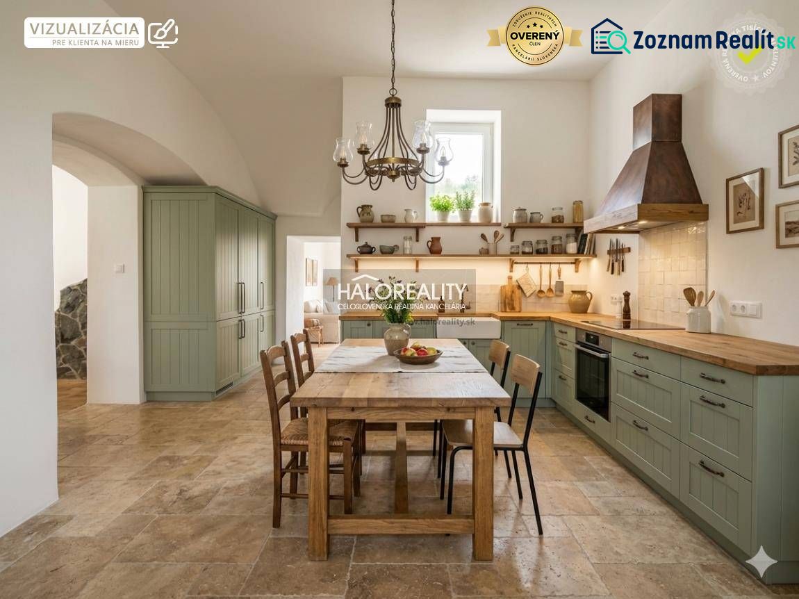 A kitchen in a 3-room apartment with a dining table and vintage kitchen decor.