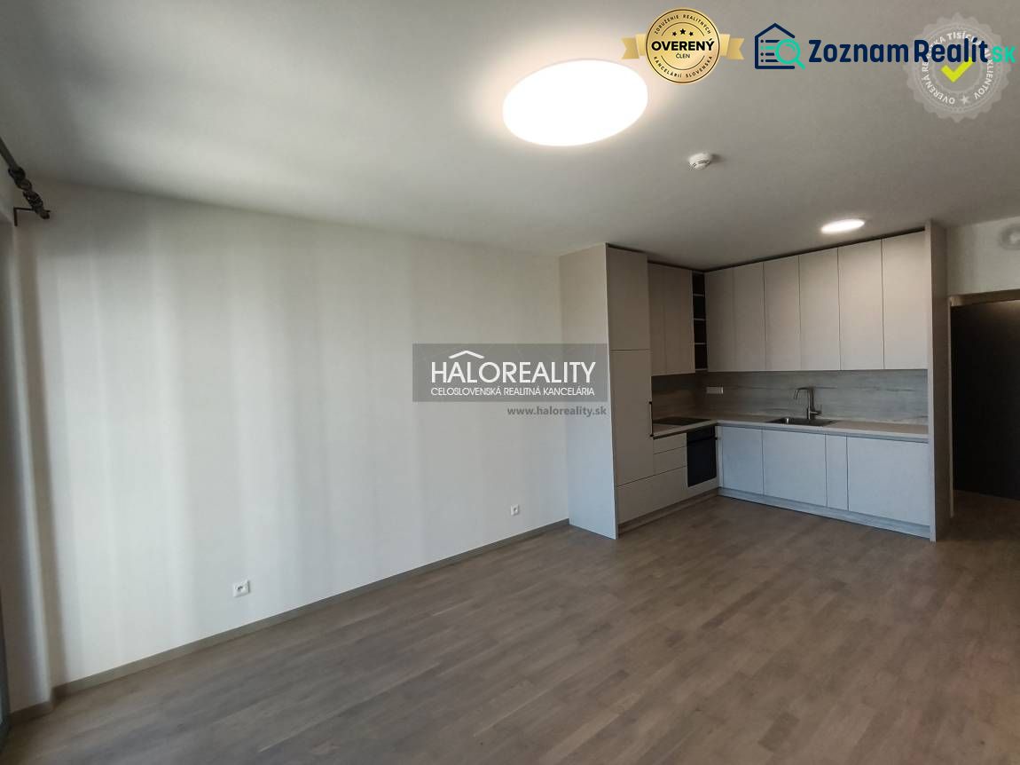 A kitchen with built-in appliances, a floor with a wooden decor in a studio apartment.