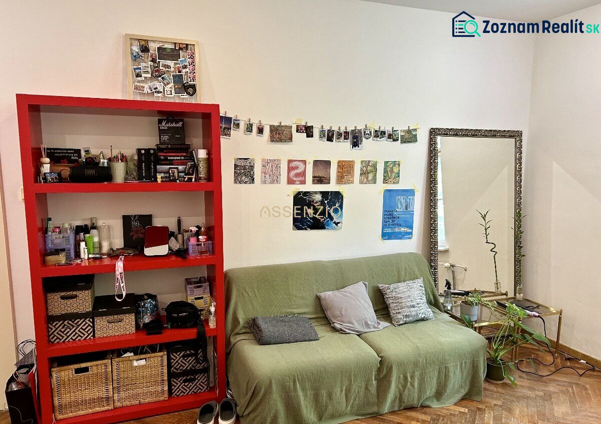 A living room in a two-room apartment with a green sofa, a red shelf, and a wooden decor floor.