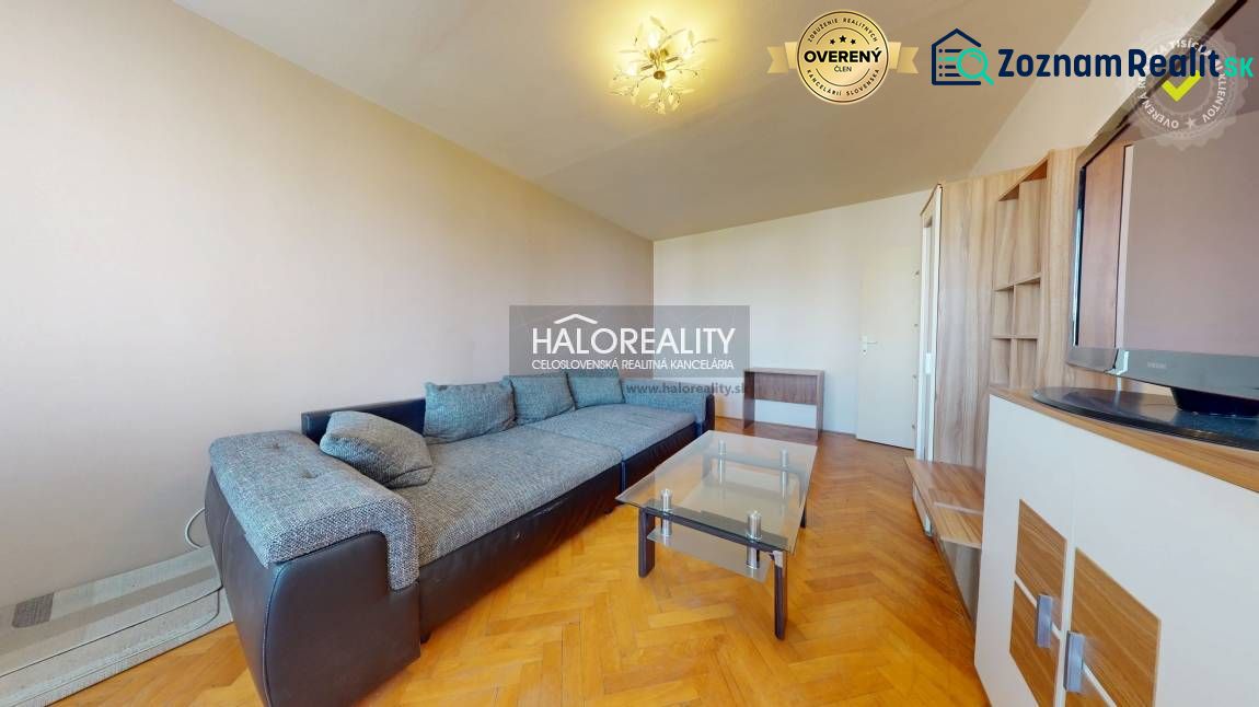 Living room in a two-room apartment with a sofa and a wooden decor floor.