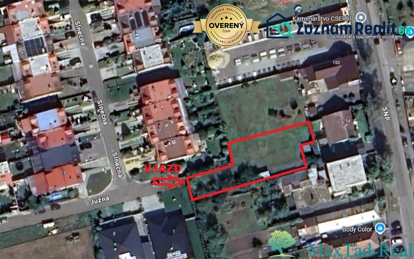 Aerial photograph of plots on Južná Street in Trebišov, designated for residential use.