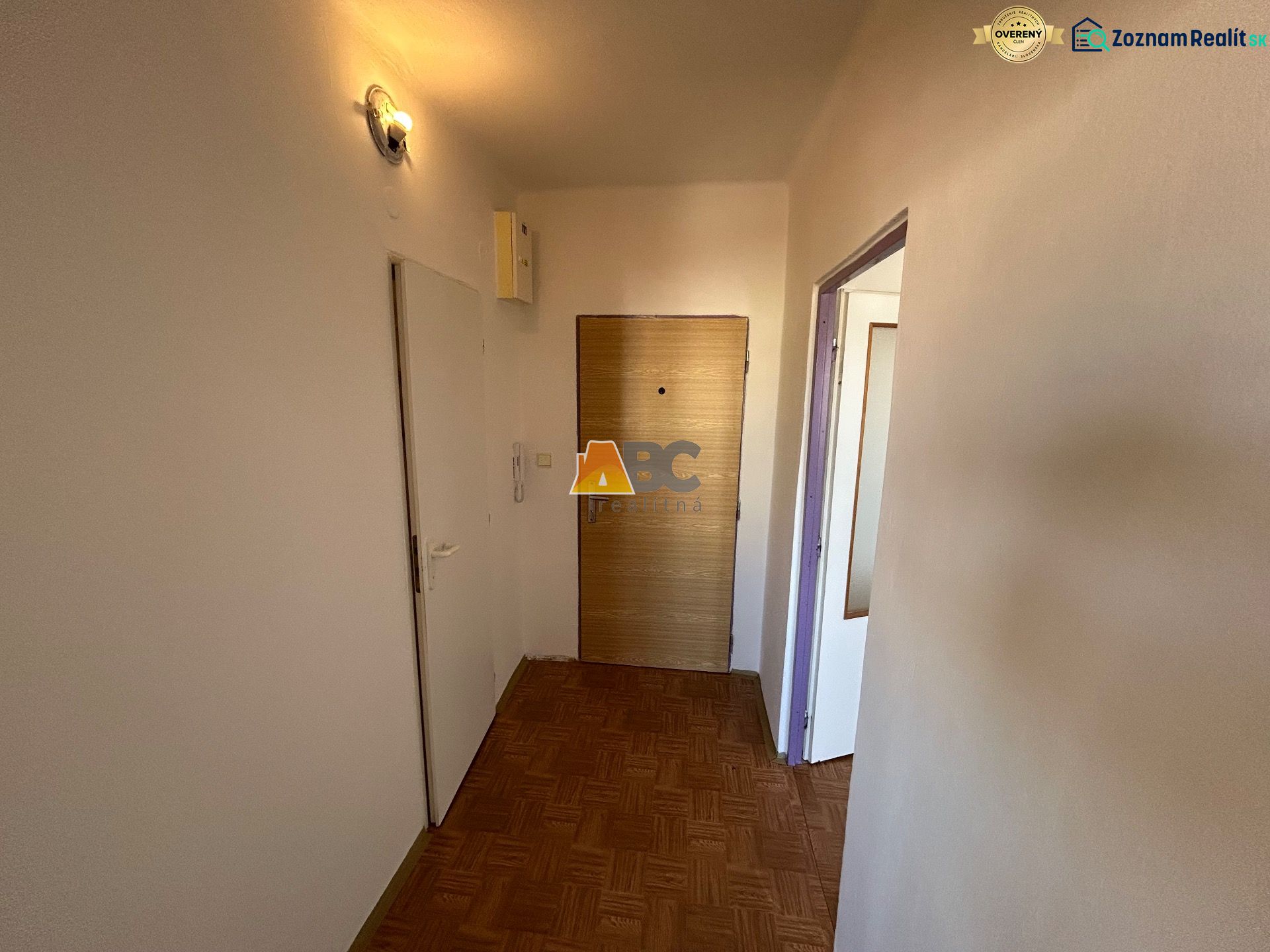 Entrance hallway in a 2-room apartment with a wooden decor floor and bright lighting.