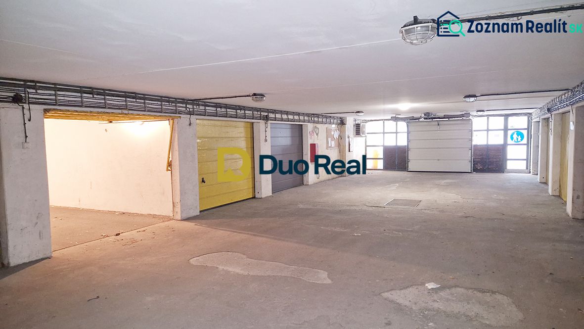 Parking garages in Bratislava on Majerníkova Street with lighting and colorful doors.