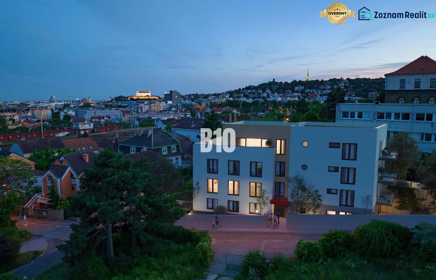 Evening view of Bratislava from Matúškova Street, capturing a 2-bedroom apartment in a new building.