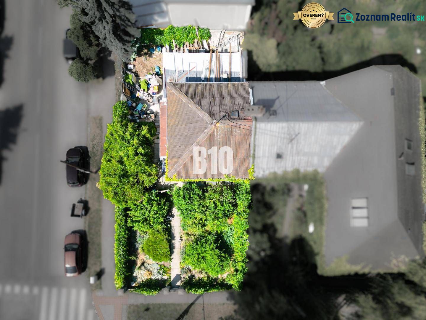 A family house in Bratislava - Old Town surrounded by greenery and a garden from a bird's eye view.