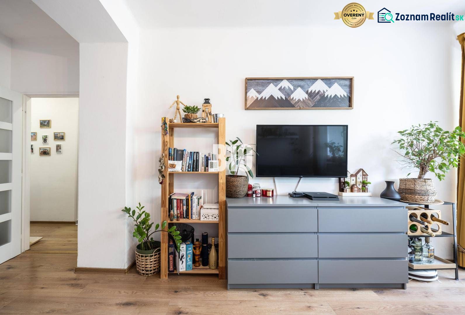 The living room in a two-room apartment contains a dresser, a bookshelf with books, and plants.
