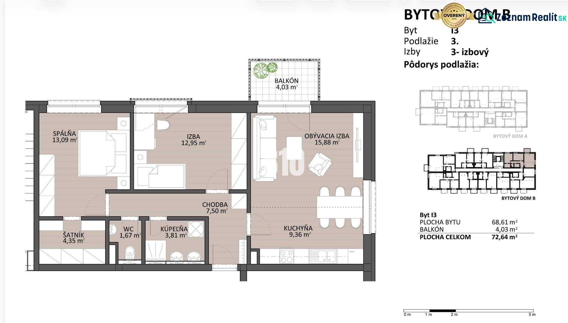 Floor plan of a 3-room apartment with a balcony, an area of 72.64 m², and a wooden decor floor.