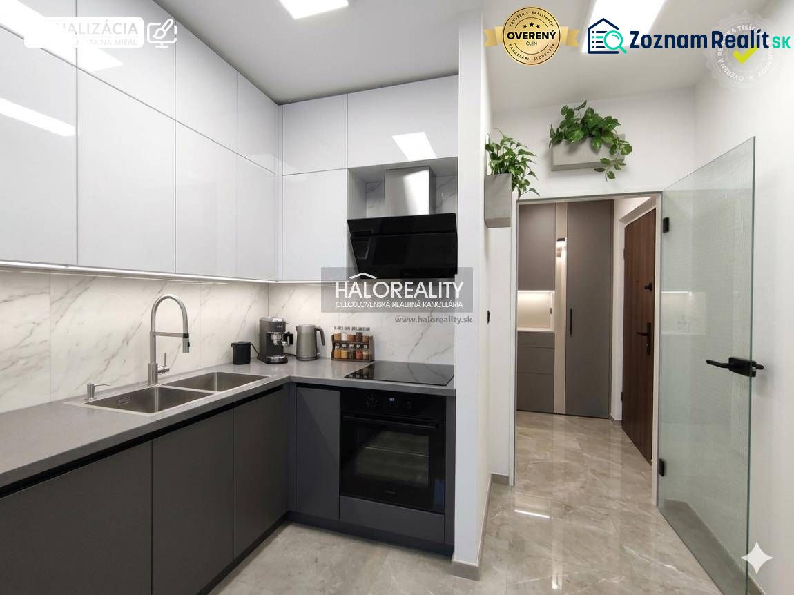 A modern kitchen in a studio apartment with an entrance and plants creates a harmonious space.