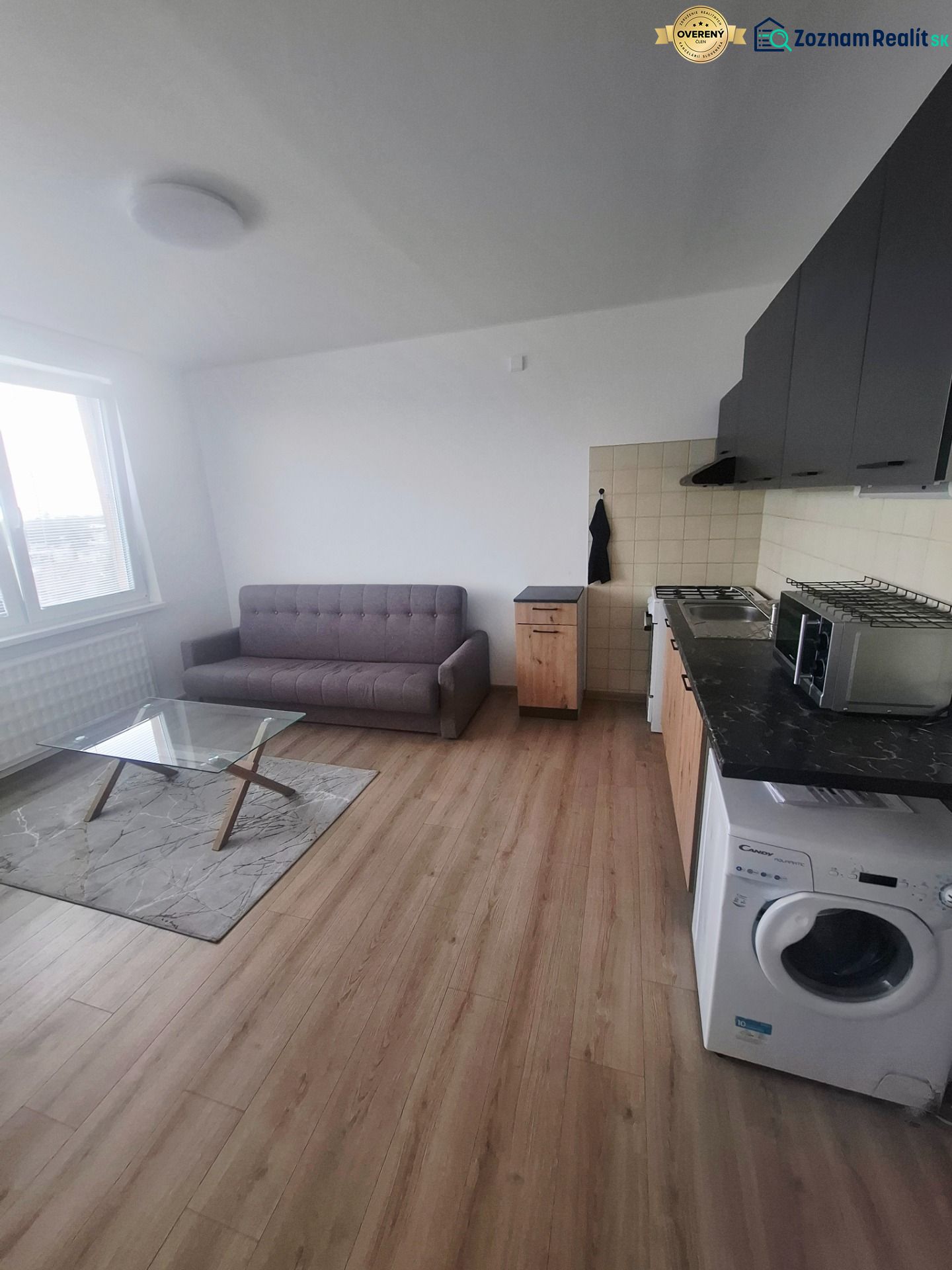 Living area in a studio apartment with a sofa, glass table, and wood-patterned flooring.