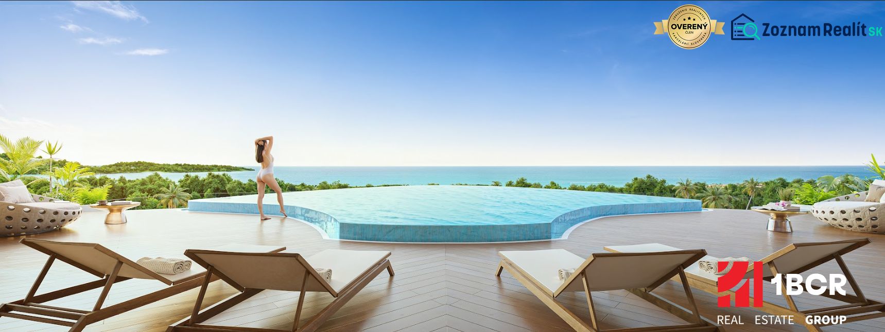 A pool with a sea view and sun loungers, Apartment construction in Phuket.