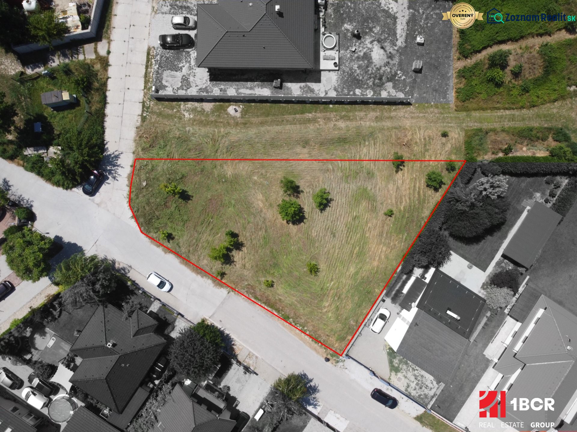 Aerial view of the plot on Cintorínska Street in Zálesie for residential purposes.