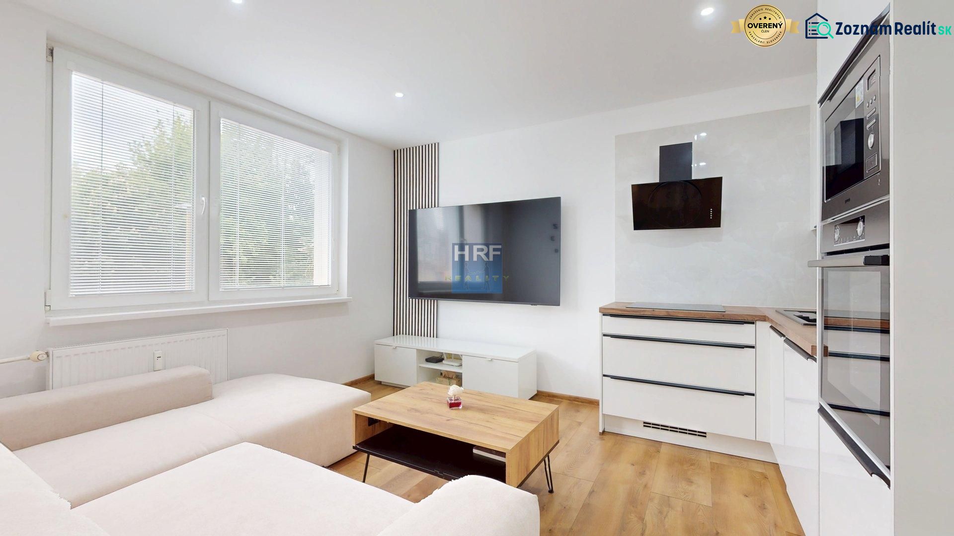 Living room in a studio apartment with a sofa, television, and a kitchen with a wooden decor floor.