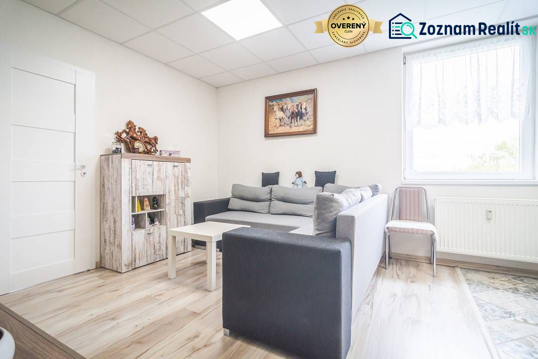 Living room in a 2-room apartment with a gray sofa and wood-patterned flooring.