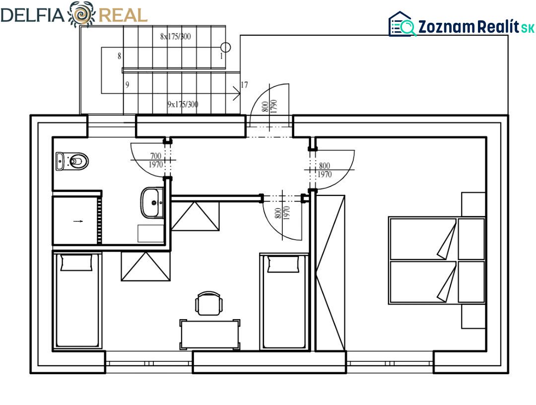 Floor plan of a cottage with a bathroom, toilet, and two separate rooms.