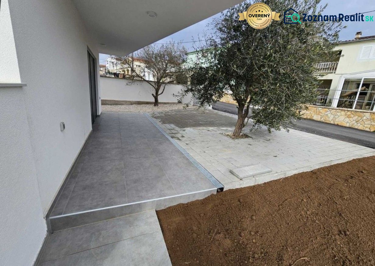 A terrace at a family house in Vrsi with paving and an olive tree.