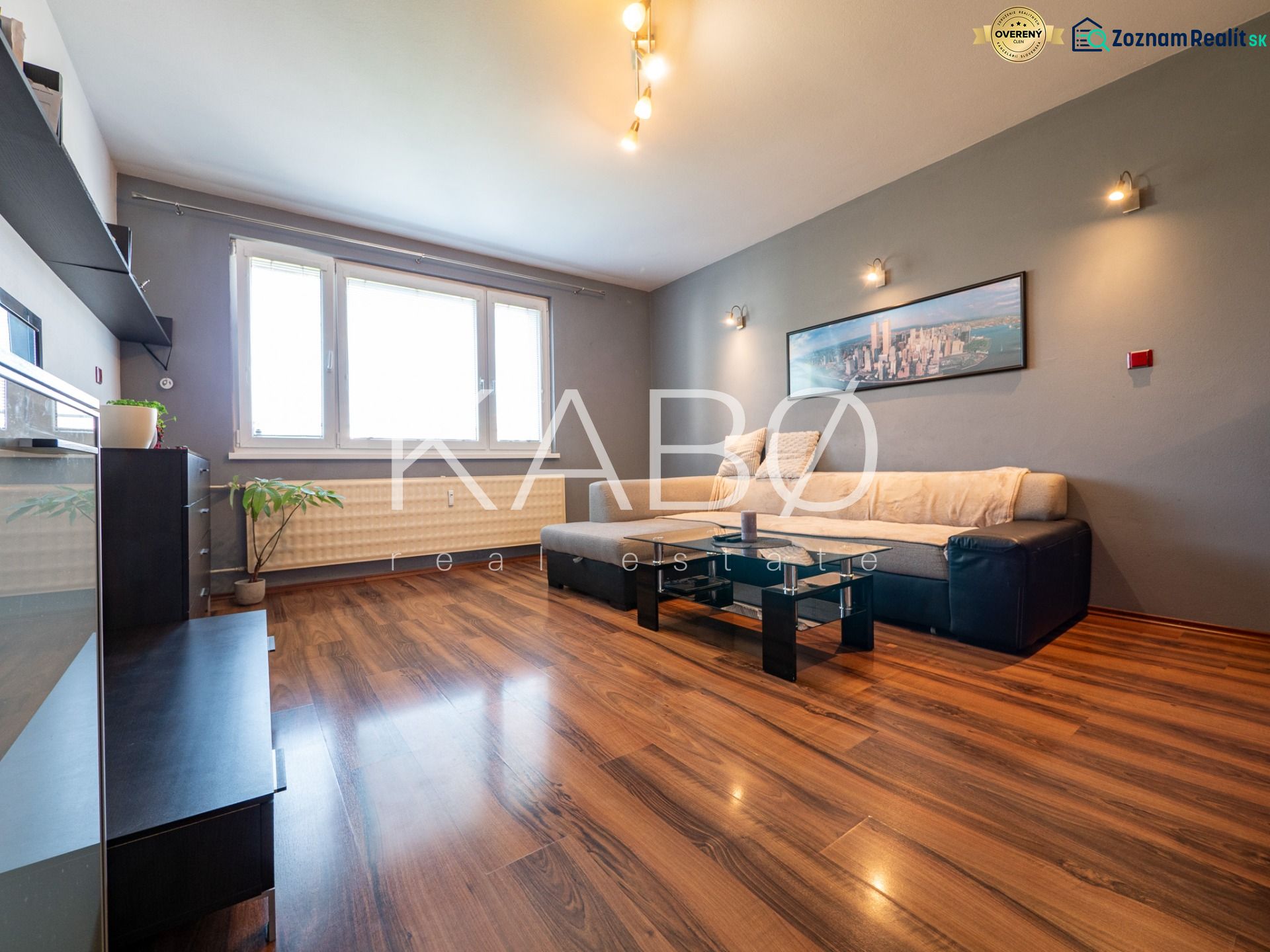 Living room with wood-patterned flooring in a two-room apartment, sofa and painting on the wall.