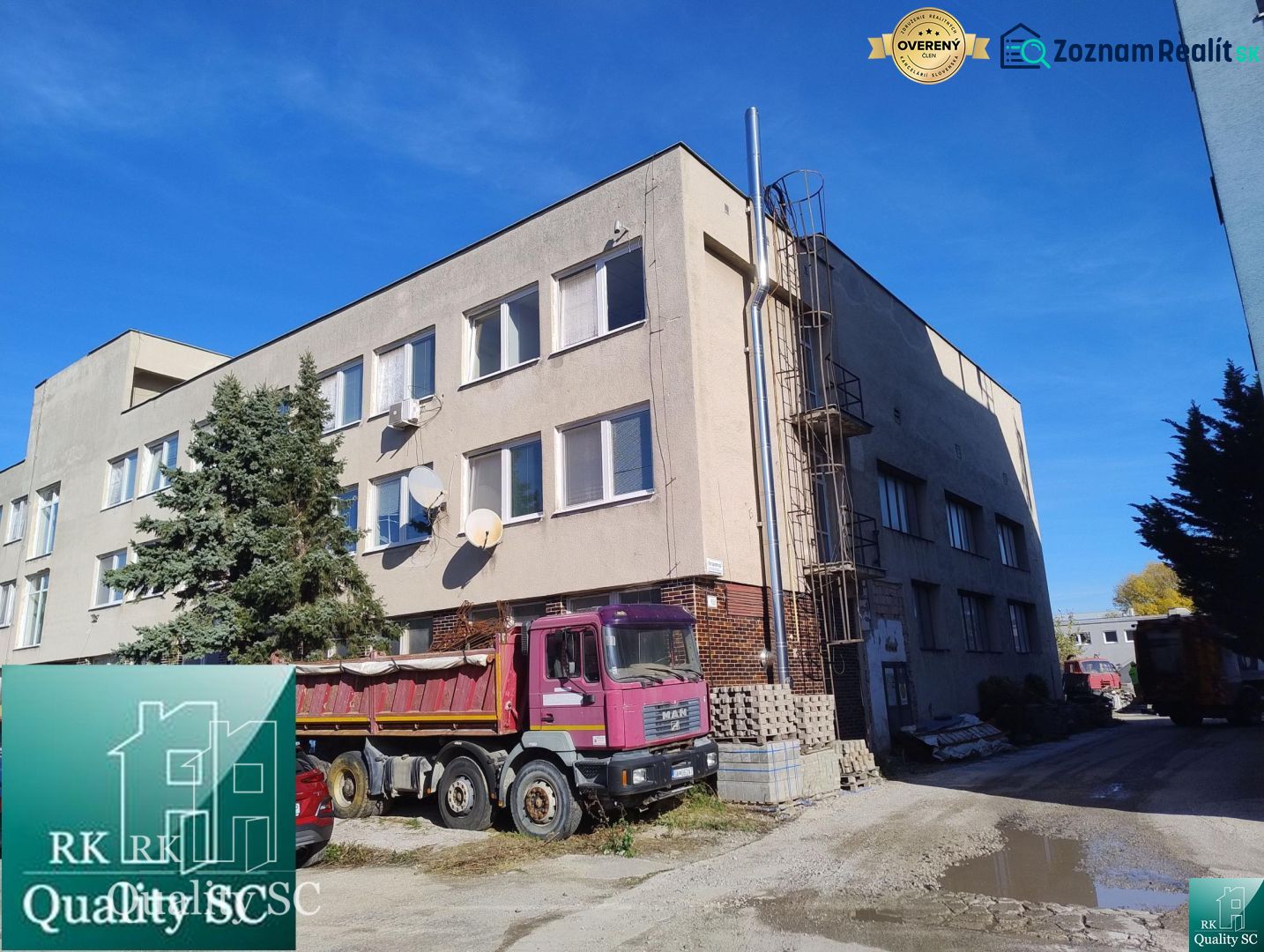 Building at Staviteľská Street in Bratislava III, warehouses and halls, trucks.