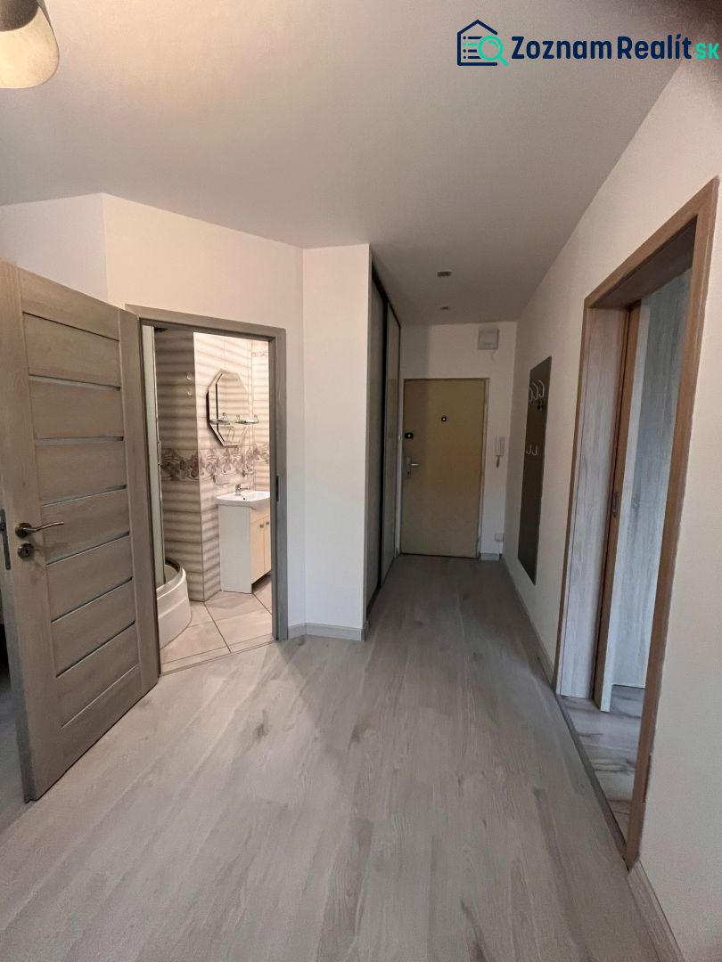 Hallway in a one-room apartment with a wooden decor floor and a bathroom.