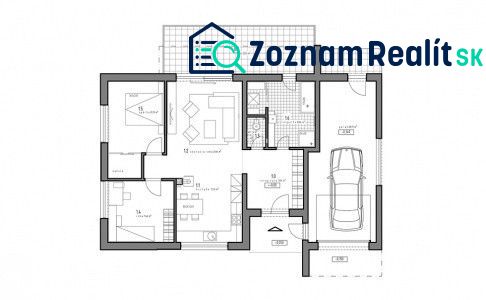 The floor plan of the family house shows two rooms, a living room, a kitchen, and a garage.