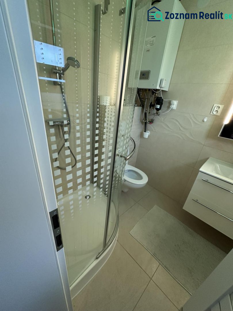 A bathroom in a studio apartment with a corner shower, sink, and toilet.