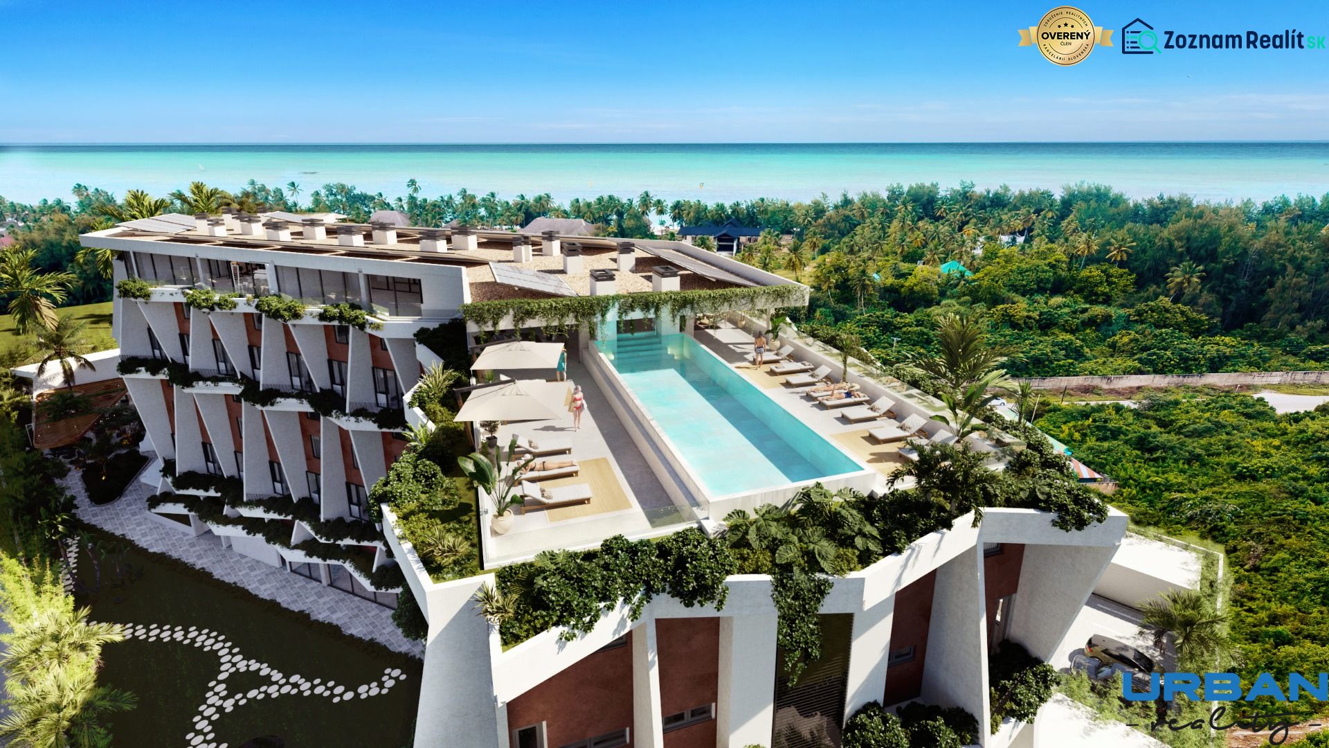 A building with a pool and sea view under construction of apartments in Paje, Unguja South.