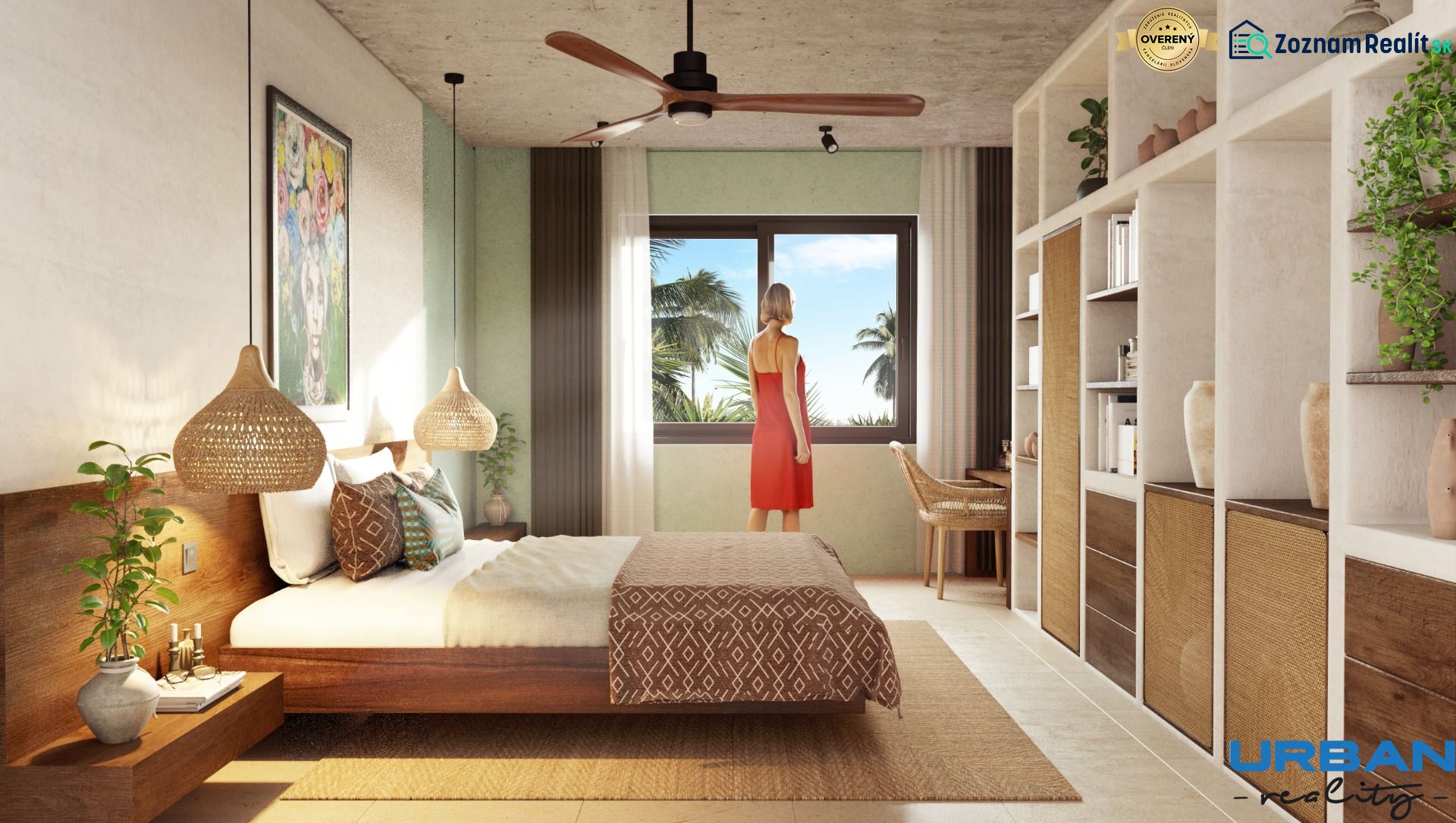 A bedroom in a 2-room apartment with natural elements and a view of palm trees.