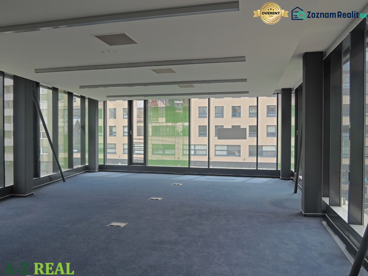 Office interior with large windows and blue carpet.