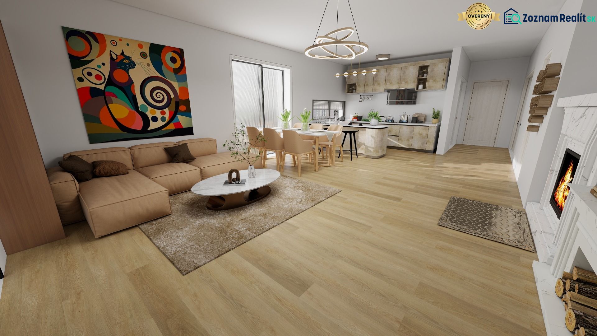 Living room in a family house with a wooden decor floor, a fireplace, and a colorful painting.