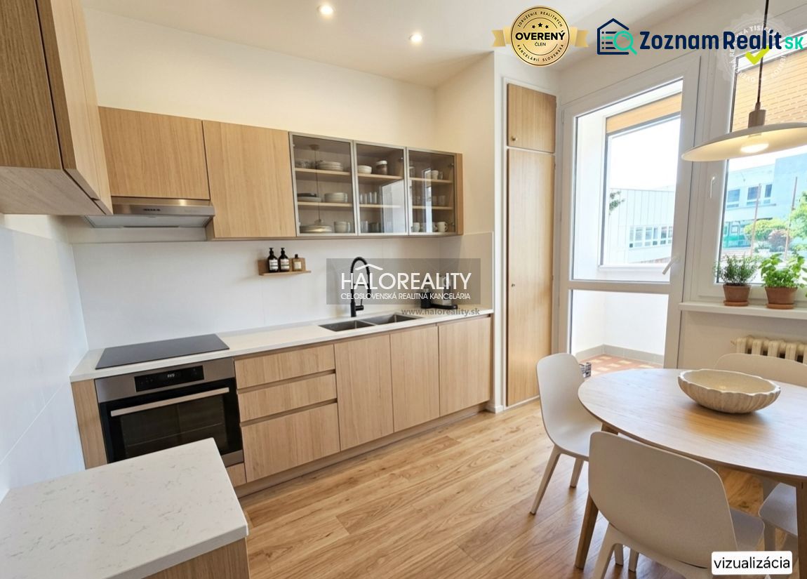 A kitchen in a 3-room apartment with a wooden decor floor and a dining table.