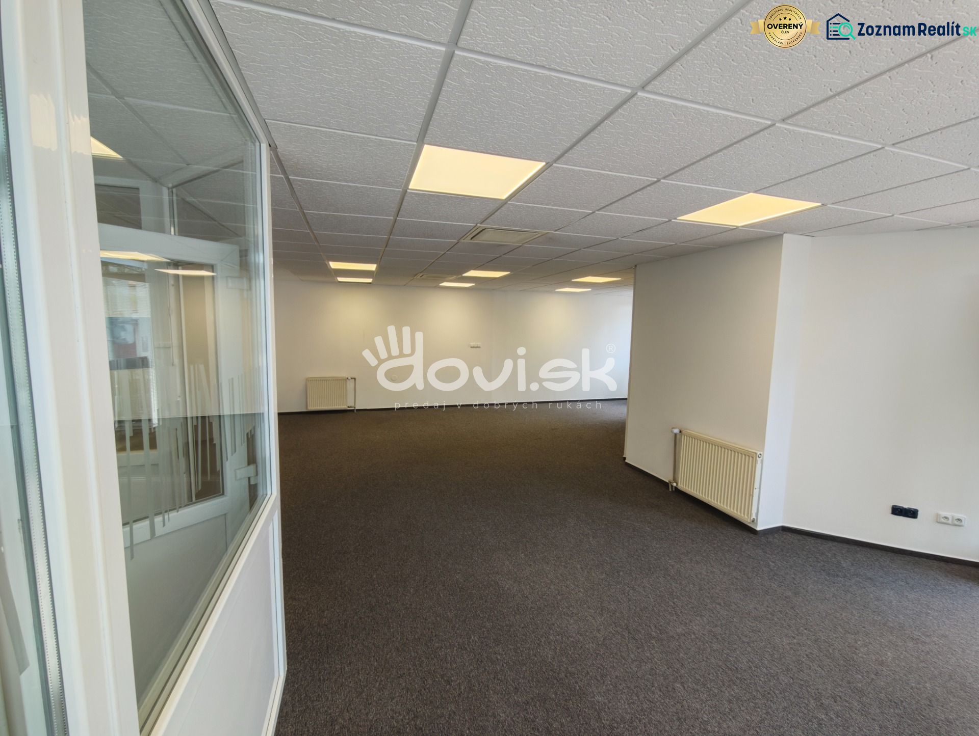 An office interior with white walls, gray carpet, and floor radiators.
