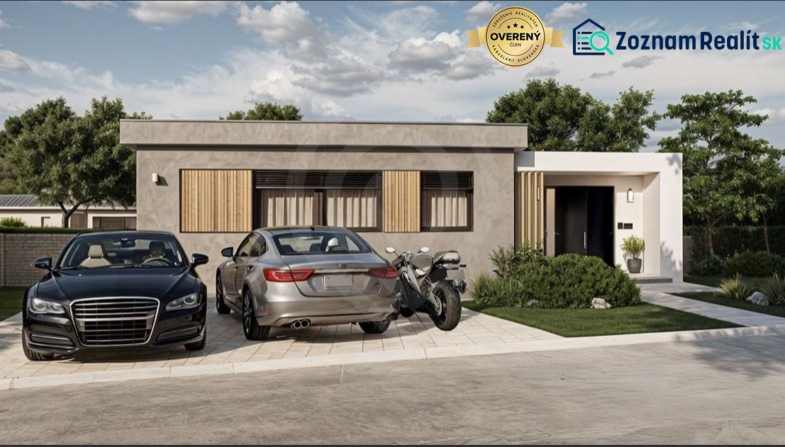 A family house on Slnečná Street in Miloslavov with parked cars and a motorcycle in front of the entrance.