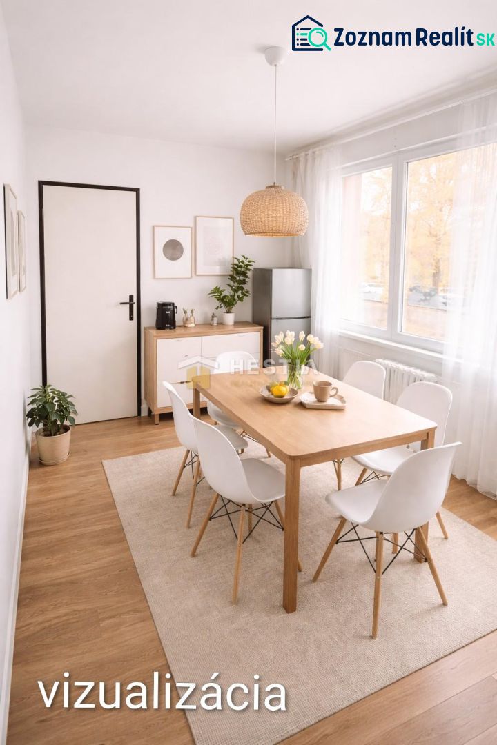 A designer dining room with wood-patterned flooring and stylish furniture in a 3-room apartment.