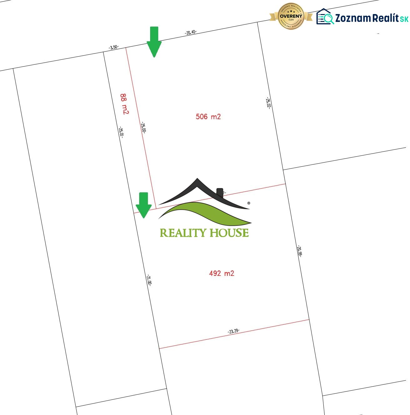 Land plan for housing in Strážske, areas of 506 and 492 m².