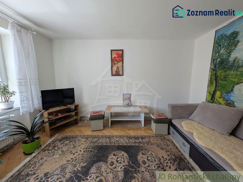 Living room in a two-room apartment with carpets and wood-patterned flooring.