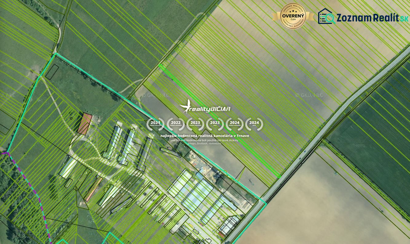 Aerial view of agricultural and forest land in Smolenice on Továrenská Street.