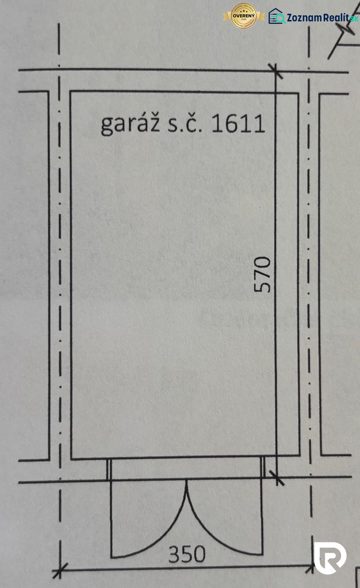 Floor plan of garage number 1611, with dimensions 570 x 350 cm.