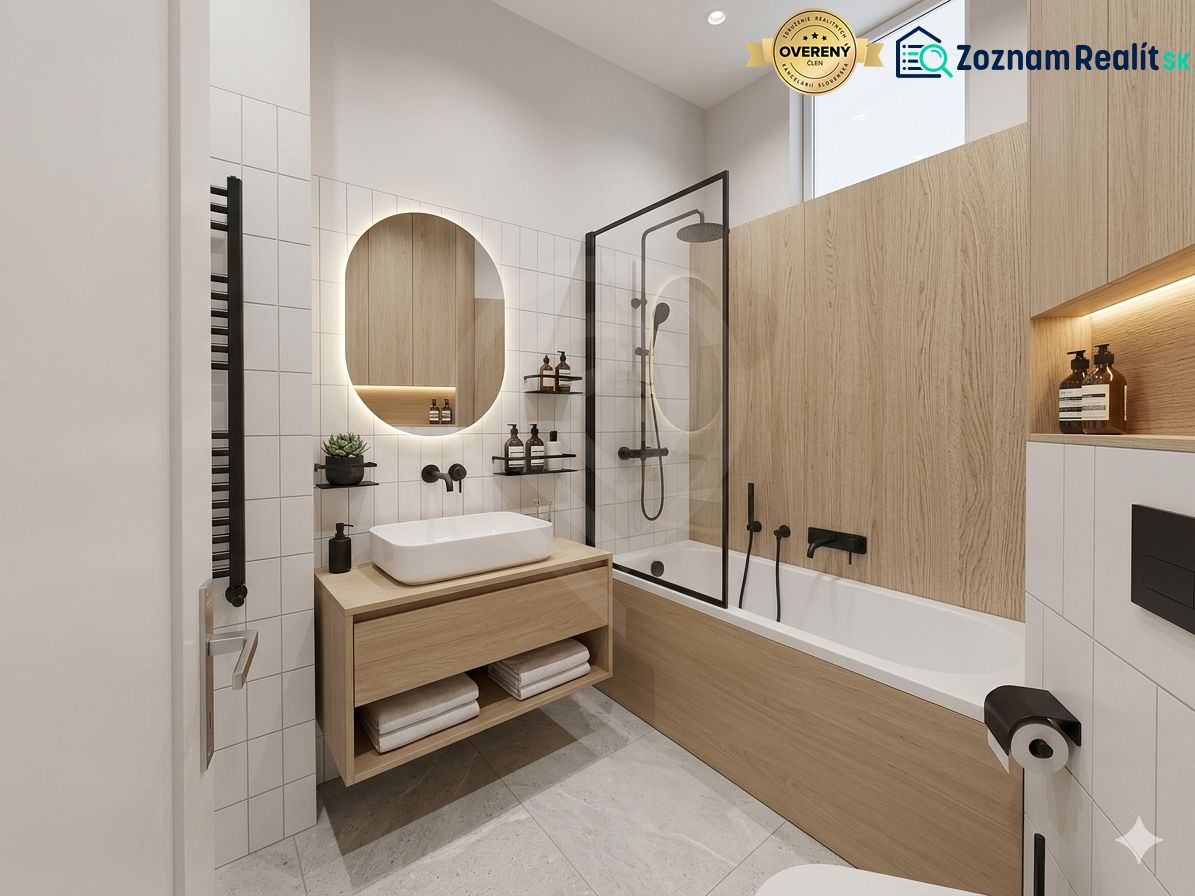 Bathroom in a 3-room apartment with a combination of white and wood, elegant design.