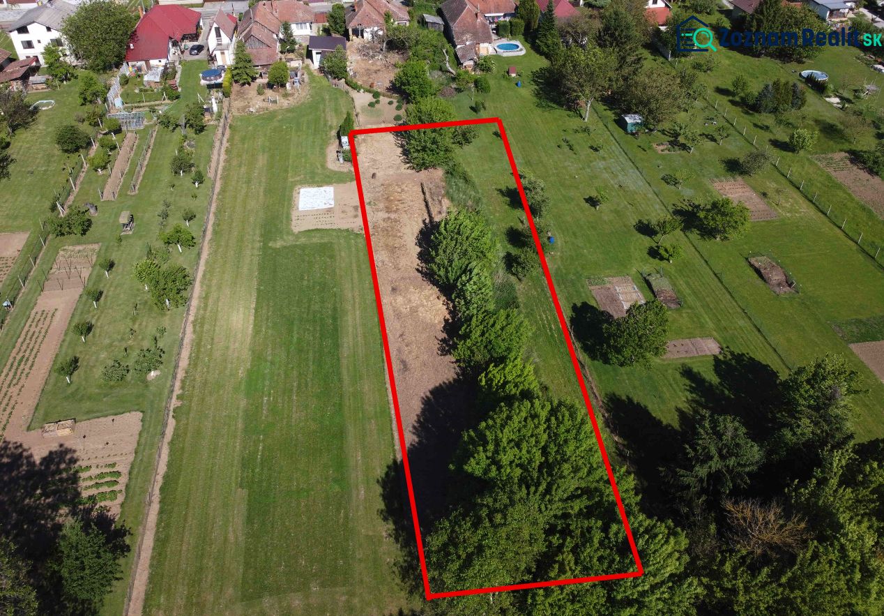 Aerial view of the gardens in Hruboňovo with a plot marked by a red line.