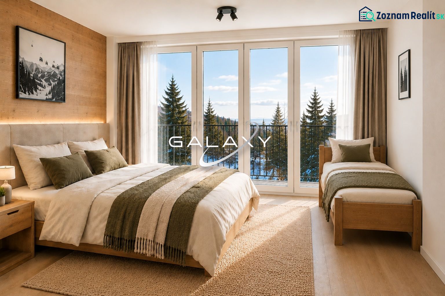 Bright interior of a holiday apartment with wood-decor flooring and a view of nature.