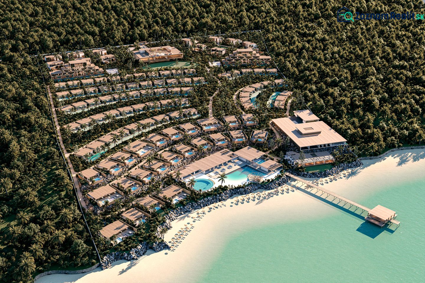 Aerial view of a beach resort in Nungwi with pools in a tropical country.