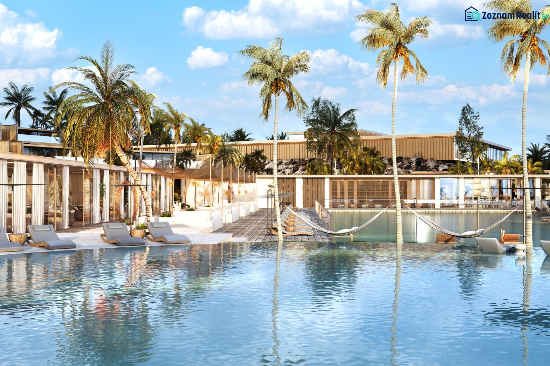 A pool with loungers and palm trees in Nungwi creates a relaxing seaside atmosphere.
