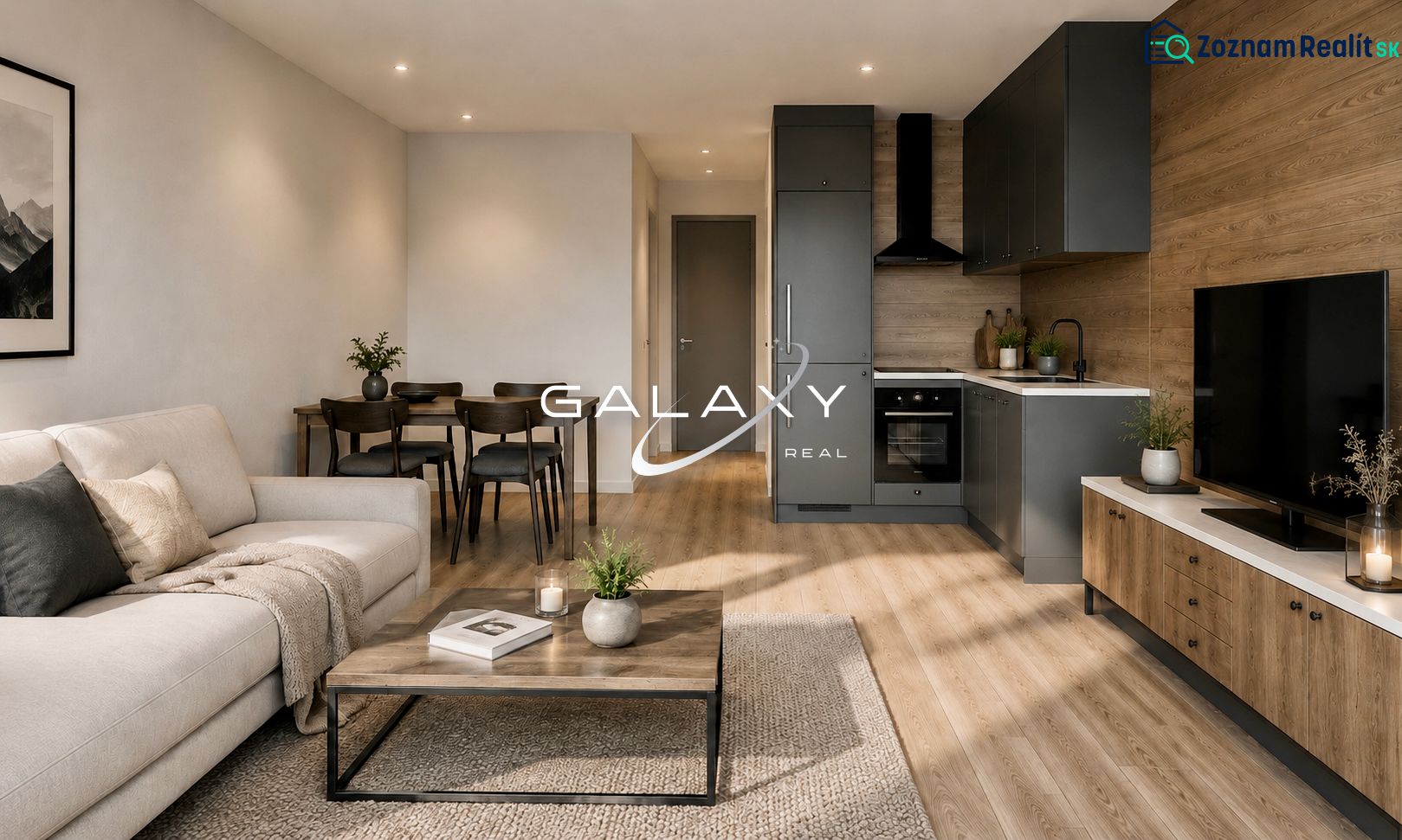 Living room with kitchen in a holiday apartment, wooden decor flooring, simple furniture.