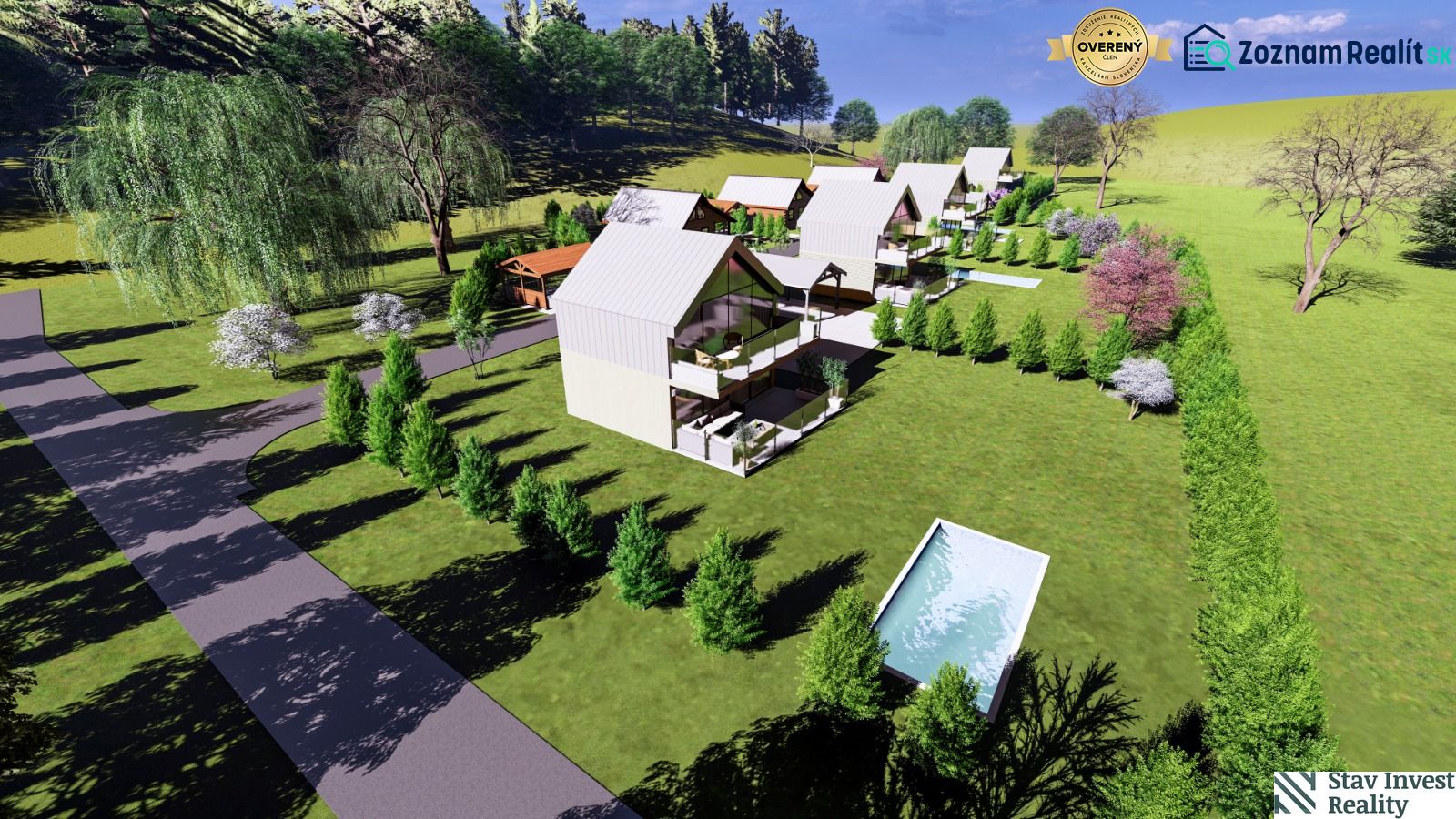 Row houses with gardens on Hlinícka Street in Myjava, surrounded by trees and a swimming pool.