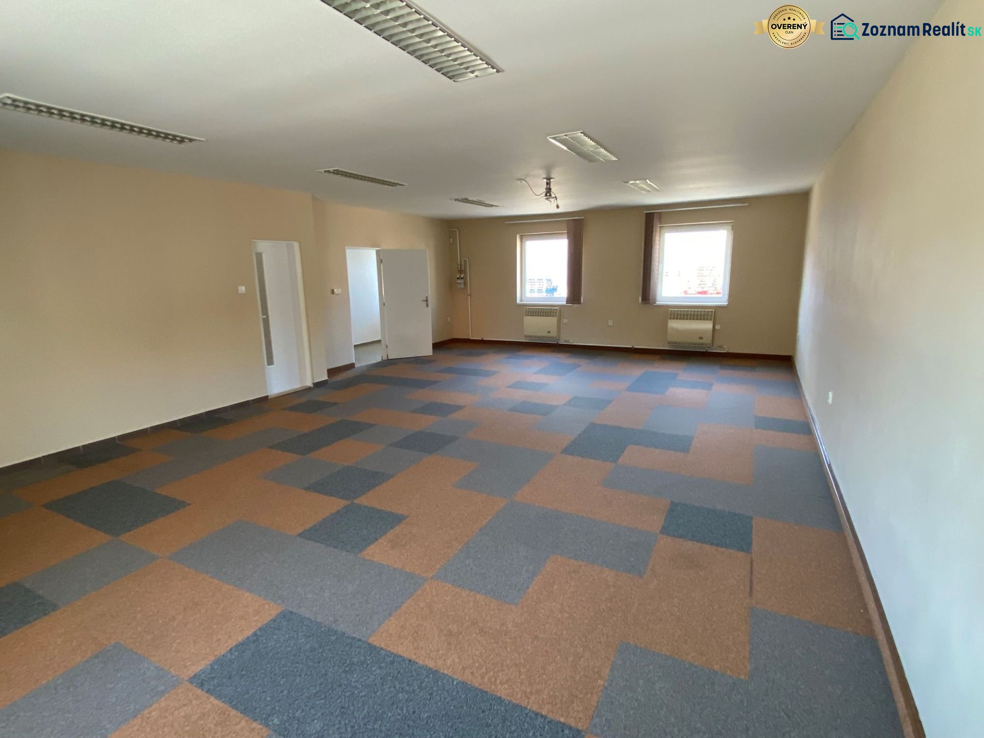 Spacious commercial spaces with windows and geometric flooring.