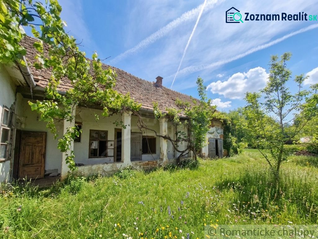 An older family house in Ozdín, covered with vines, surrounded by a grassy garden.
