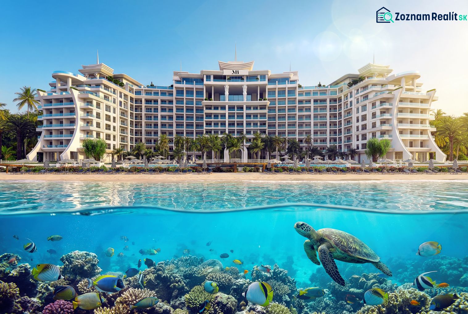 Beachfront hotel in Paje, with a turtle and colorful fish in the foreground.