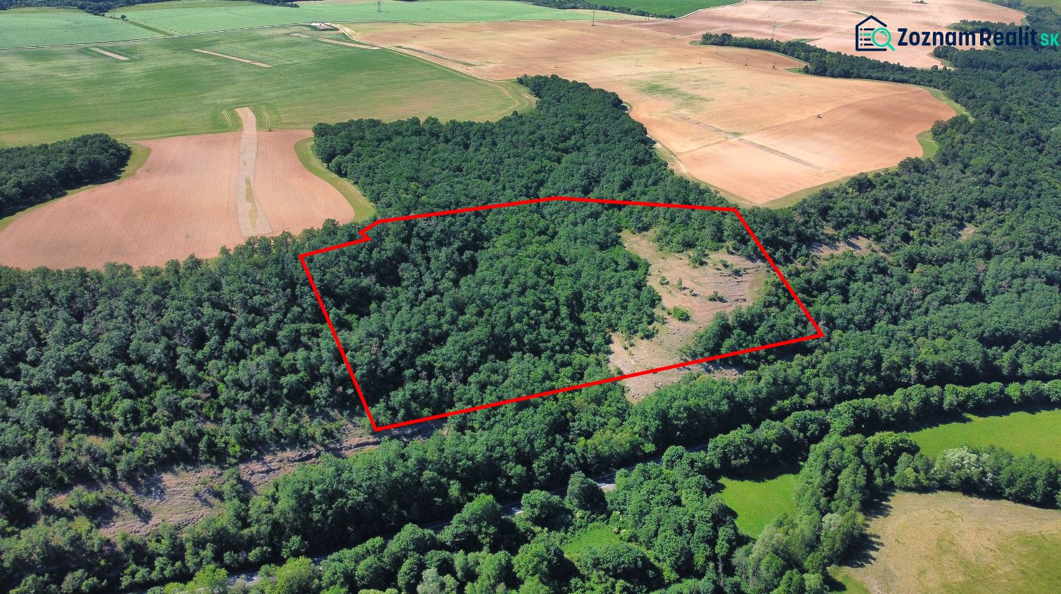 Aerial view of agricultural and forest lands around Domaníky.